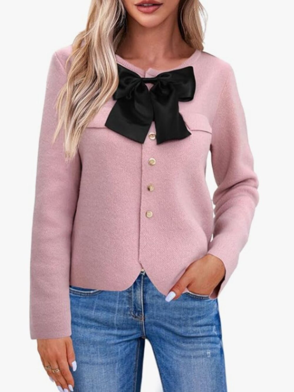 NWT Saodimallsu Pink Cropped Cardigan Sweater with Black Bow Front - Size Medium